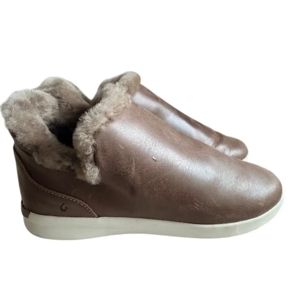 Olukai Brown Shearling Slip-On Shoes Size 9 Faux Fur Lined Moc NWOT